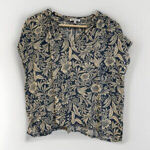 Patrons of Peace Womens Top Blouse M Blue Cream Floral Boho Flowy Lightweight
